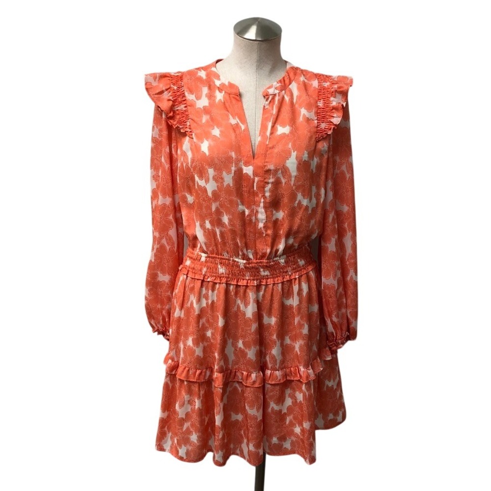 Current Air Floral Ruffle Mini Dress Womens Medium Orange Smocked Tiered Boho
